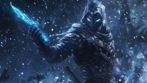 Ice assassin lunges through blizzard with glowing blade.