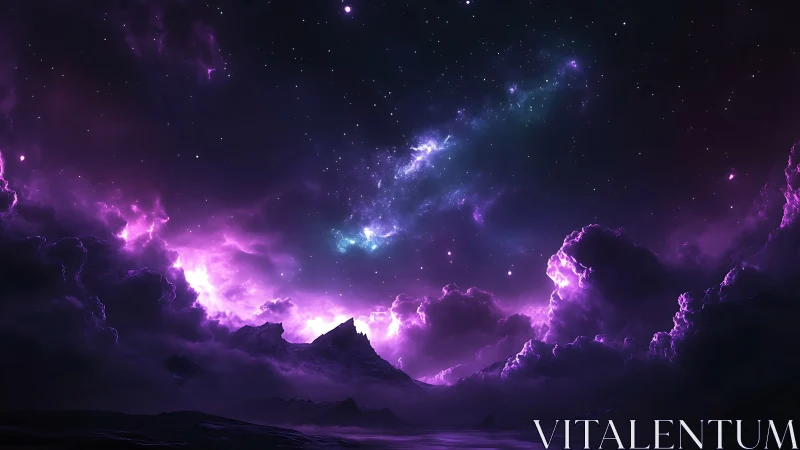 Starlit violet nebula crowns a distant mountain horizon