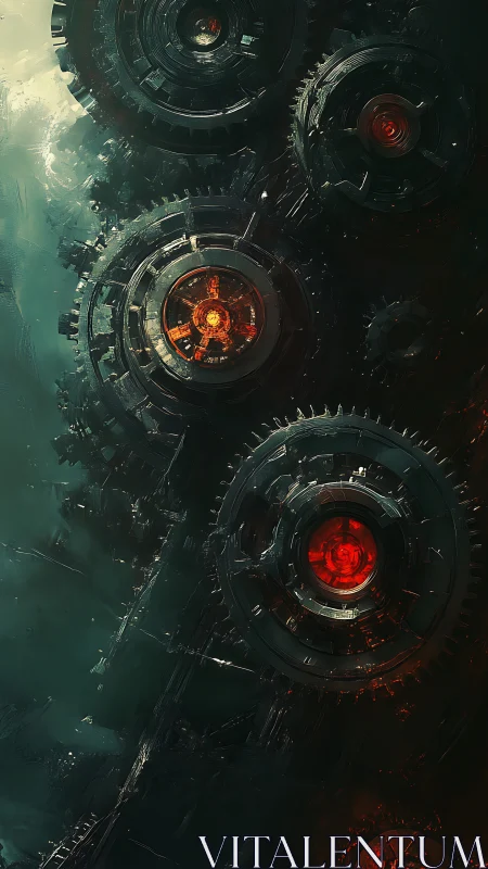 Radial fusion cores within submerged mechanoid gear lattice.