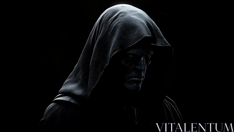 Dark hooded figure in dramatic low key portrait lighting.