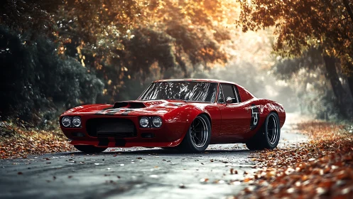 Crimson muscle car idling in a dreamy autumn tunnel of light.