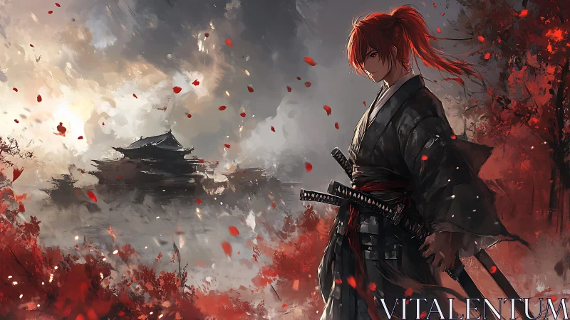 Red haired samurai stands before distant misty temple