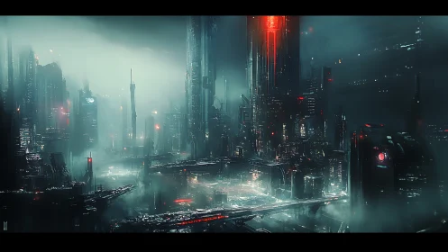 Cyberpunk megastructure skyline with neon vertical gridlines.