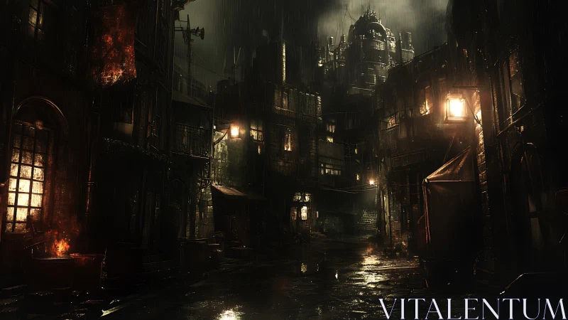 Rain-soaked steampunk alley brooding under smoldering lamps.