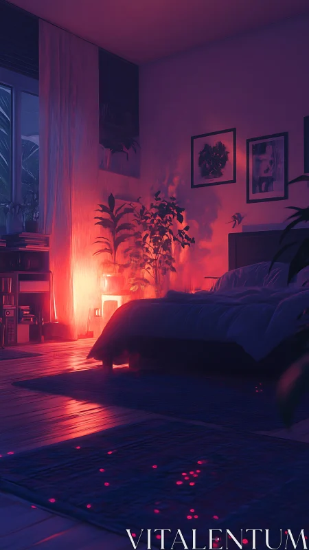 Neon ember bedroom glows with midnight plants and quiet calm.