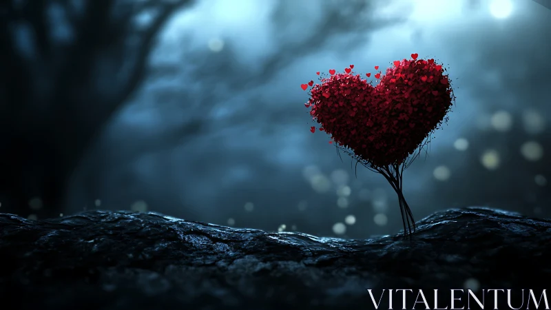 Stylized heart-shaped tree rendered against dark blue atmospheric background.