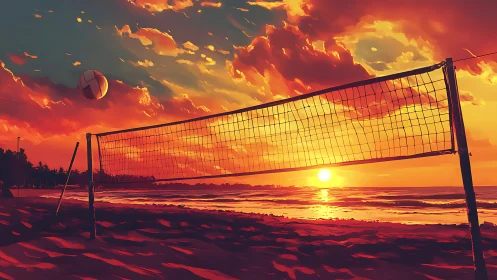 Sunset volleyball net leans into a sky set aflame by waves