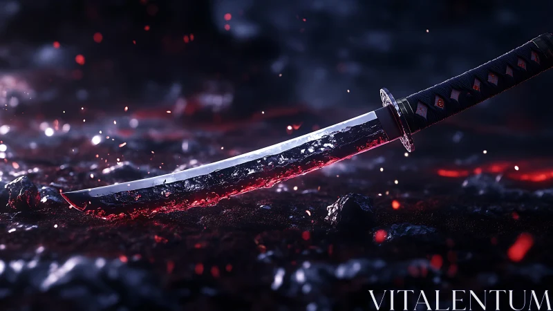 Fiery katana resting in glowing embers after the battle.