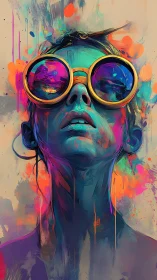 Neon dream diver wearing cosmic goggles of dripping color.