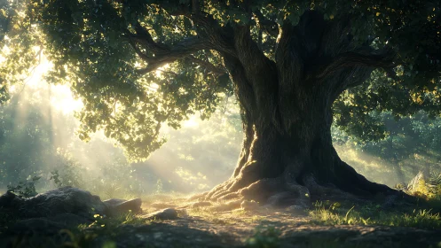 Ancient oak tree under volumetric sunrise rays in dense forest
