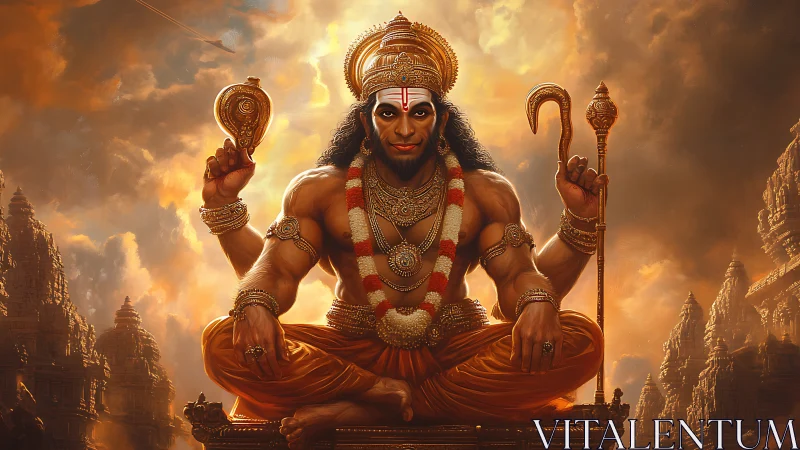 Divine Hanuman seated before glowing temple skyline.