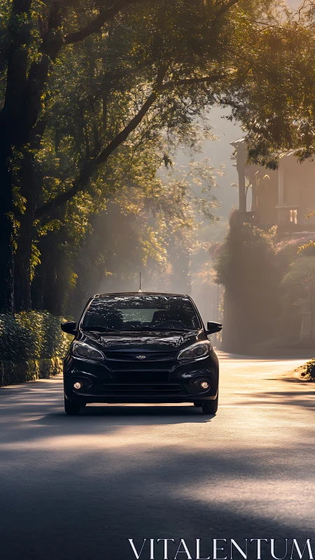Compact black hatchback aligned on sunlit tree-lined roadway