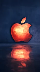Glowing red apple logo casts a warm reflection on water