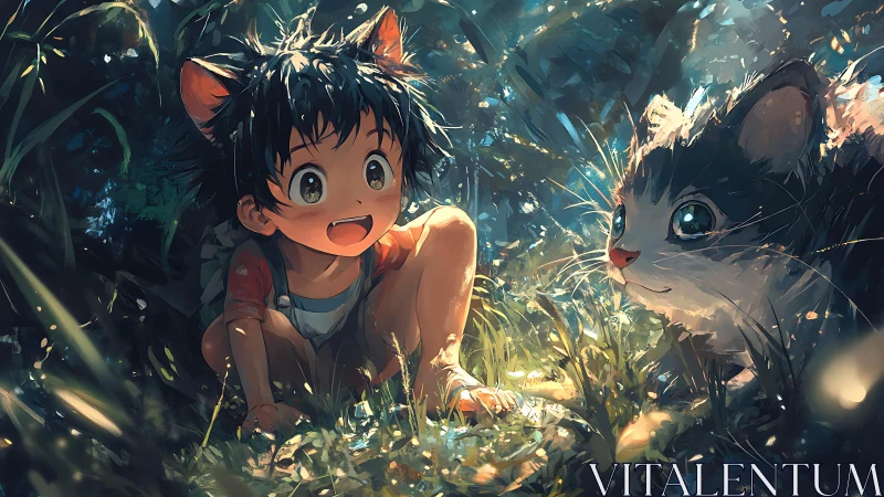 Child with cat ears meeting large cat in sunlit forest.