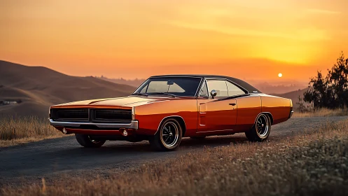 Classic muscle car on rural road at vivid sunset horizon.