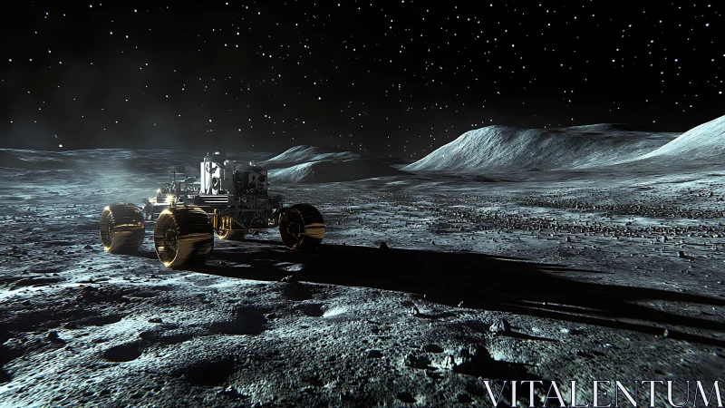 Lunar rover explores a silent crater under a star-filled sky