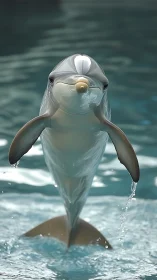 Playful dolphin leaps upright from clear blue water.