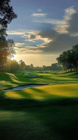 Sunlit championship golf fairway glows in early morning.
