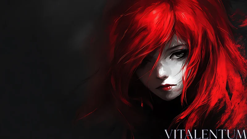 Red haired anime girl in dark minimalist composition.
