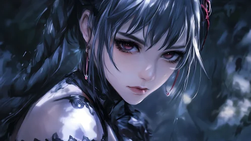 Nocturnal silver-haired heroine in moody anime portrait.