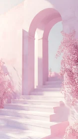Cotton-candy stairs quietly ascend through a blush-tinted arch