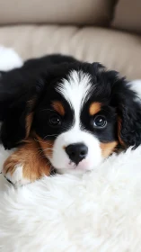 Puppy-eyed cuddle comet parked on a cloud-soft pillow.