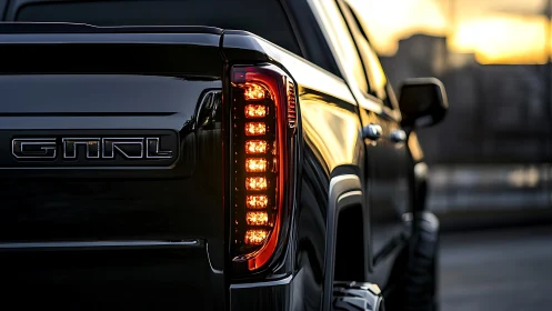 Rear three-quarter truck view shows illuminated vertical taillight