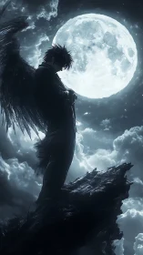Moonlit fallen angel lingers between storm clouds and silence