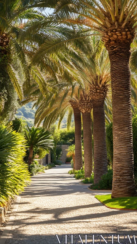 Sunlit palm-lined garden pathway forms a rhythmic canopy