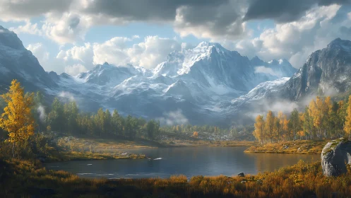 Snowcapped mountains over autumn forest lake at sunrise.