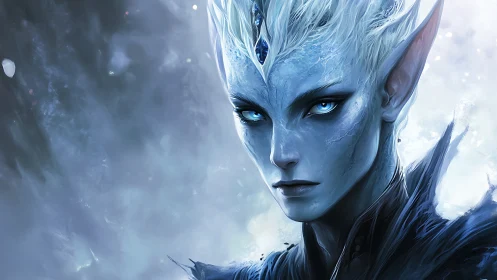 Glacial elf monarch portrait with luminescent cyan gaze.