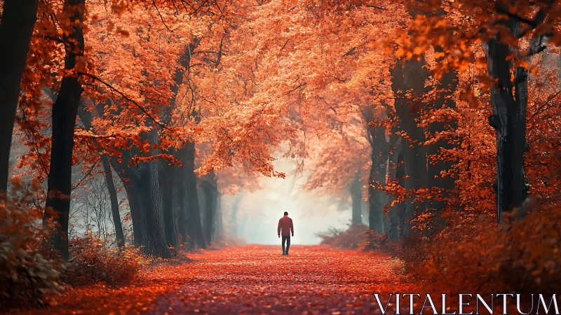 Autumn canopy corridor with central human figure in misted depth.