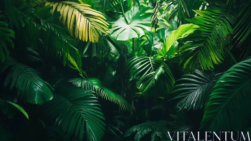 Dense tropical jungle foliage in deep green light.