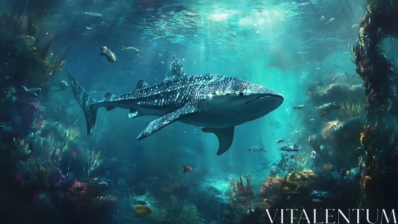 Whale shark glides through luminous coral reef canyon