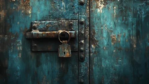 Corroded teal metal door with central padlock and heavy latch