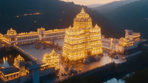 Illuminated riverside temple complex at dusk, aerial view.