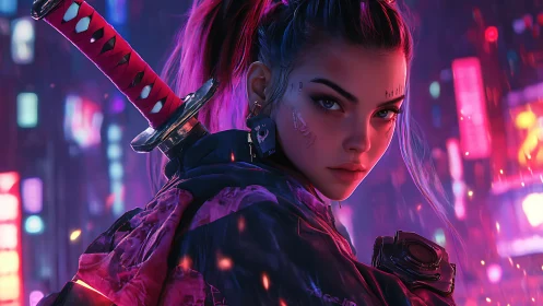 Neon katana sentinel stalking rainlit cyber-city streets.