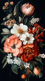 Botanical Floral Arrangement with Tulips and Dahlias.