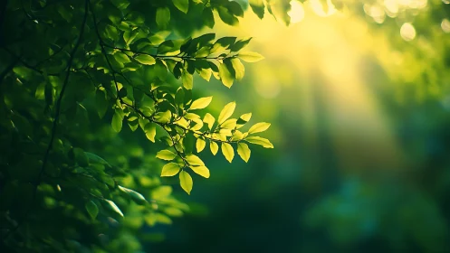 Sunlit Green Leaves in Morning Forest, Soft Focus Nature Art.