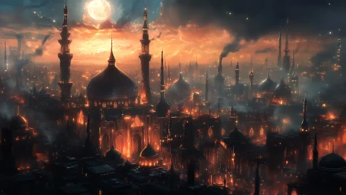 Moonlit domed city skyline under fiery orange sky.