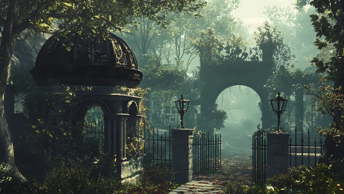Whispering garden gate invites misty paths into legend