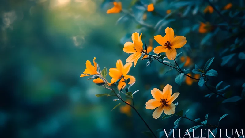 Golden blooms illuminated against teal foliage backdrop.
