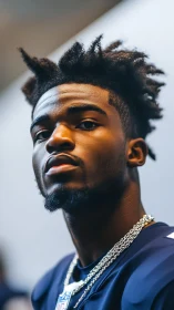 Confident young man in sports jersey and silver chains.