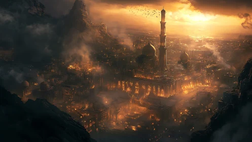 Sunlit domed city with central tower in smoky valley.