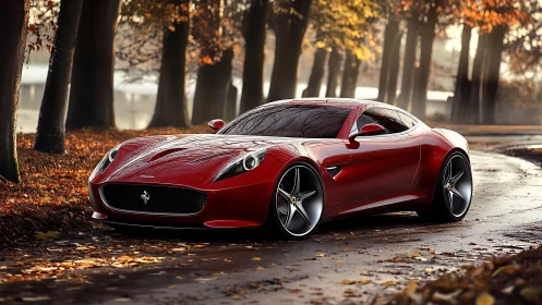 Crimson supercar glides through misty autumn woodland silence