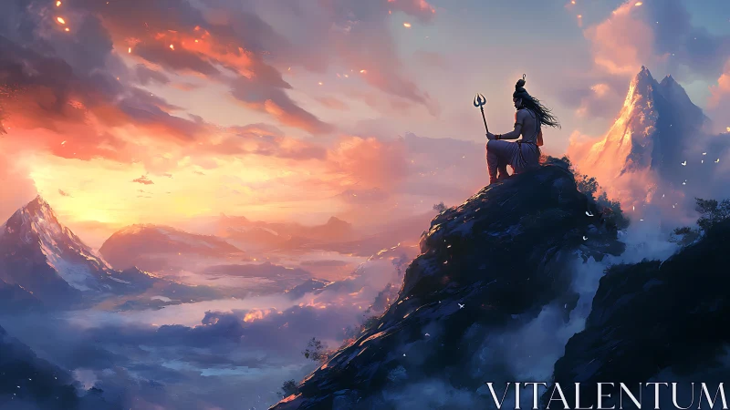 Divine figure with trident overlooks atmospheric mountain sunrise