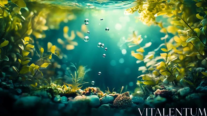 Underwater plants surround rising air bubbles in clear water
