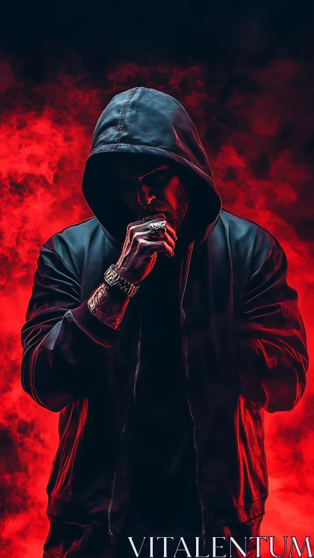 Hooded figure stands in vivid red smoke, radiating dark intensity