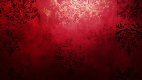 Ornate red damask background glows with vintage warmth.