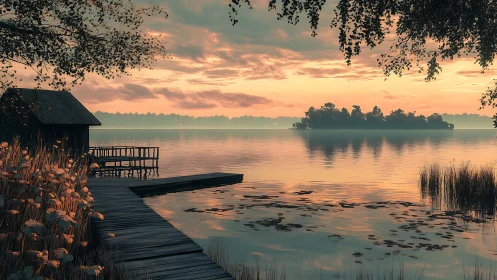Quiet wooden lakeside pier under soft sunset light.